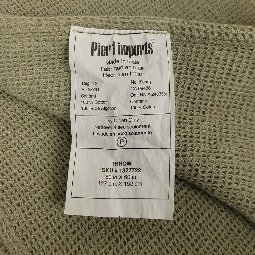 Vintage Pier 1 Imports 100% Cotton Garter Stitch Knit Throw Blanket Fringe Sage